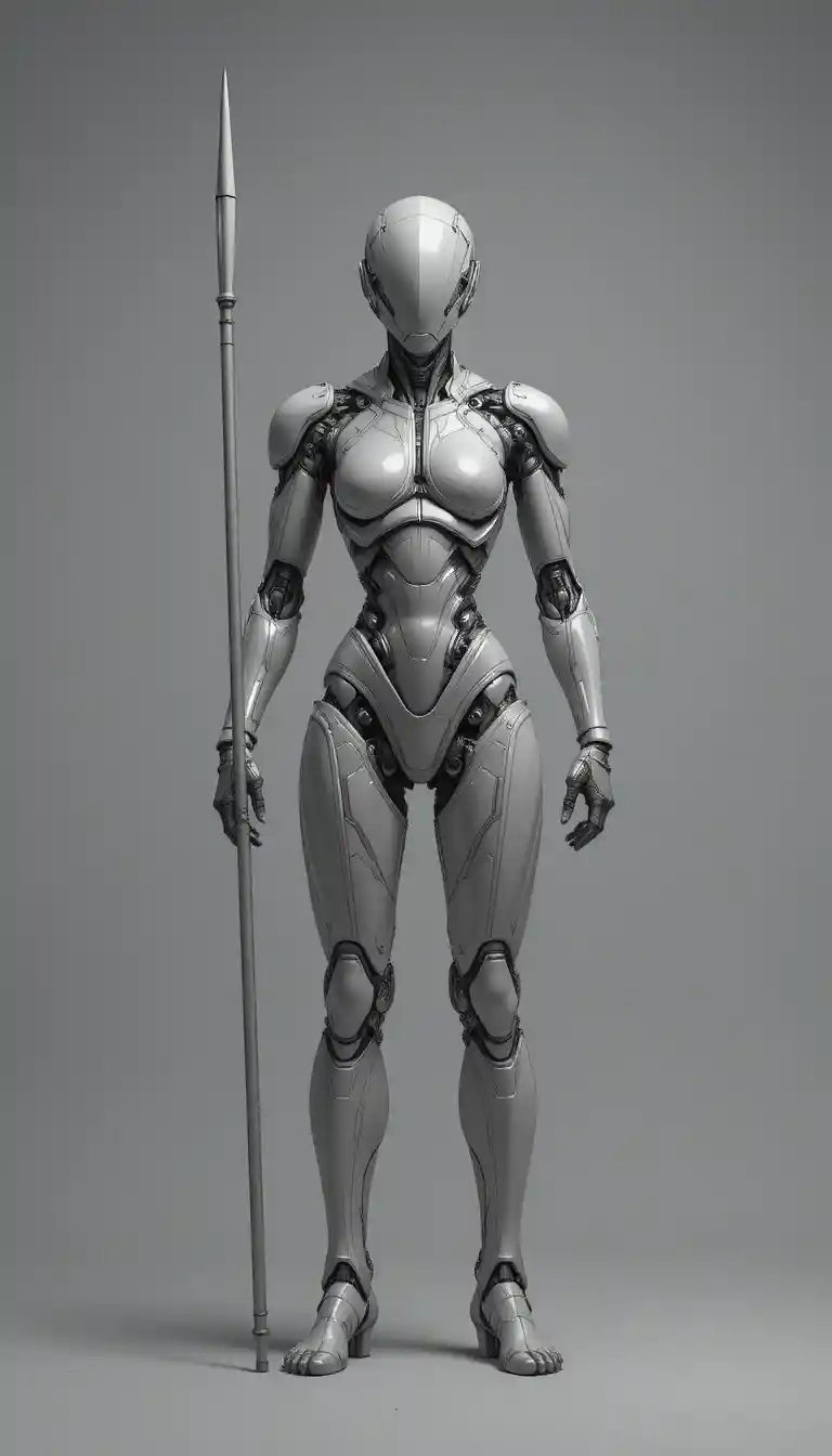 Futuristic Humanoid Robot Holding Staff In Technical Drawing