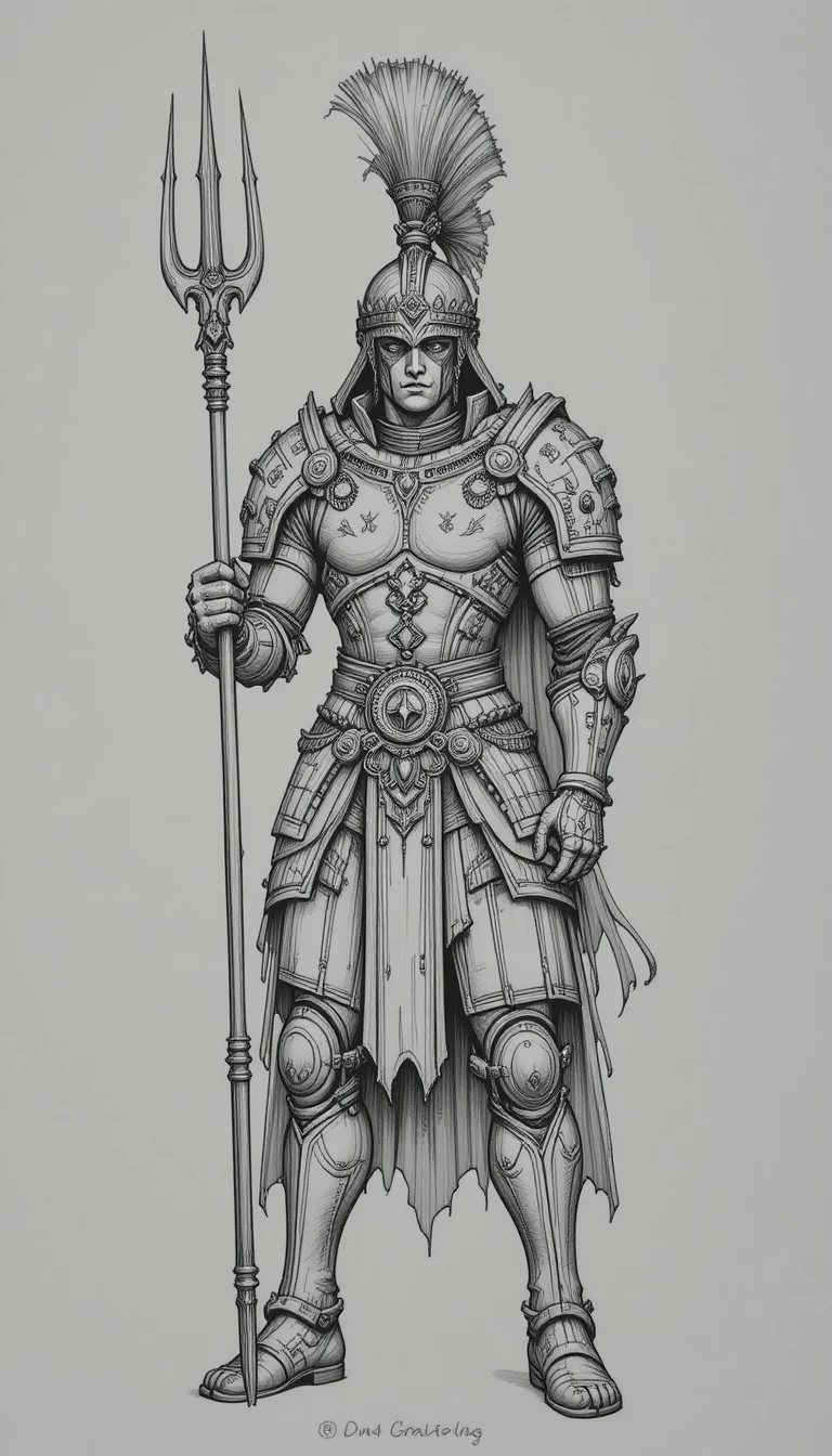 Armored warrior holding a trident in detailed pencil drawing
