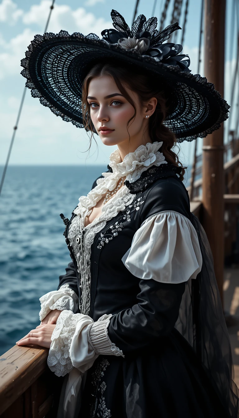 Elegant woman in 1820 costume on a ship at sea
