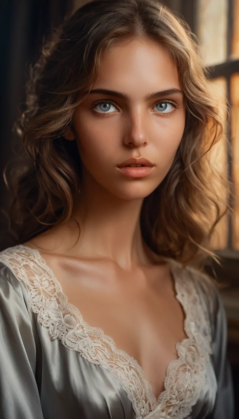 Sensual close up woman in lace nightgown by moonlit glow