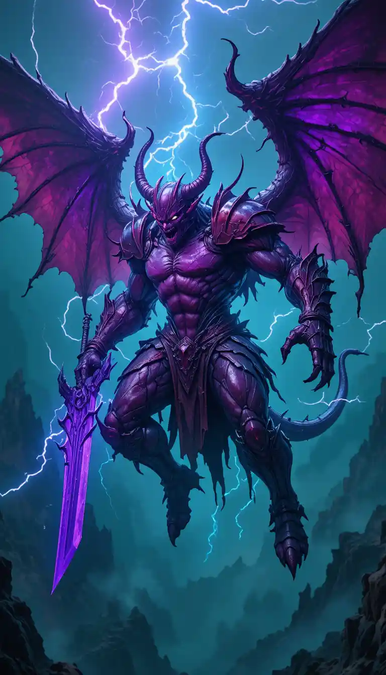 Crimson Demon Warrior Charging Through Stormlit Fantasy Sky