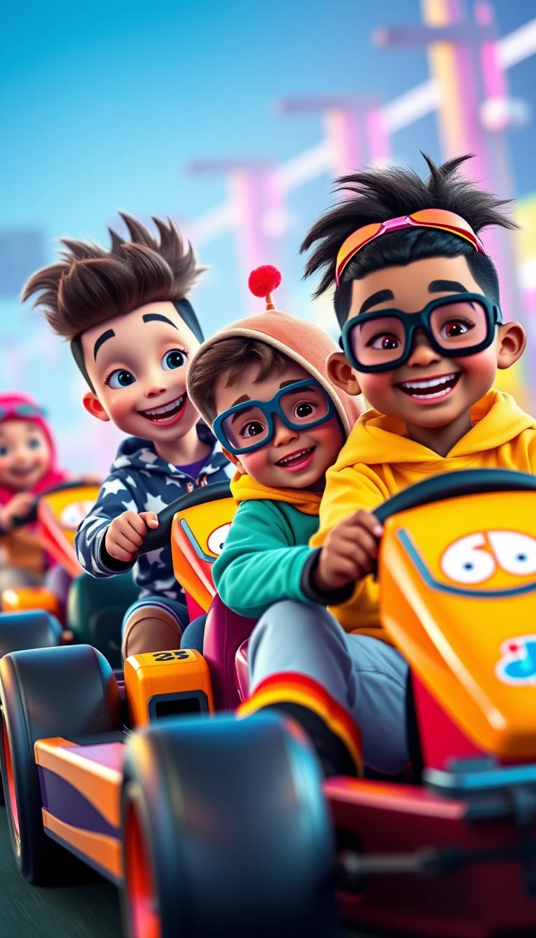 Multicultural kids racing go karts in neon cartoon style