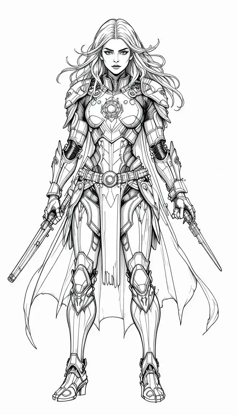 Futuristic Armored Warrior Woman In Dynamic Line Art Pose
