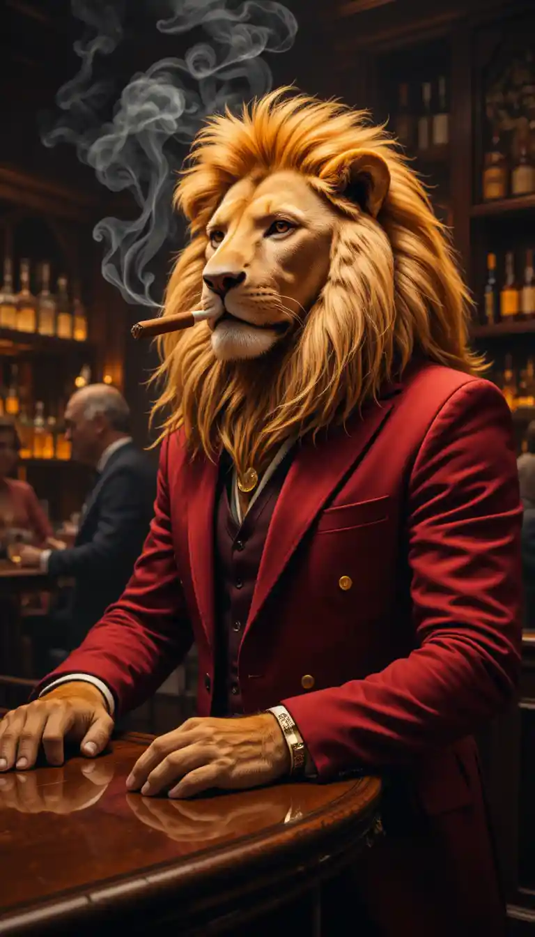 León con traje rojo fumando un puro en un elegante bar de caoba