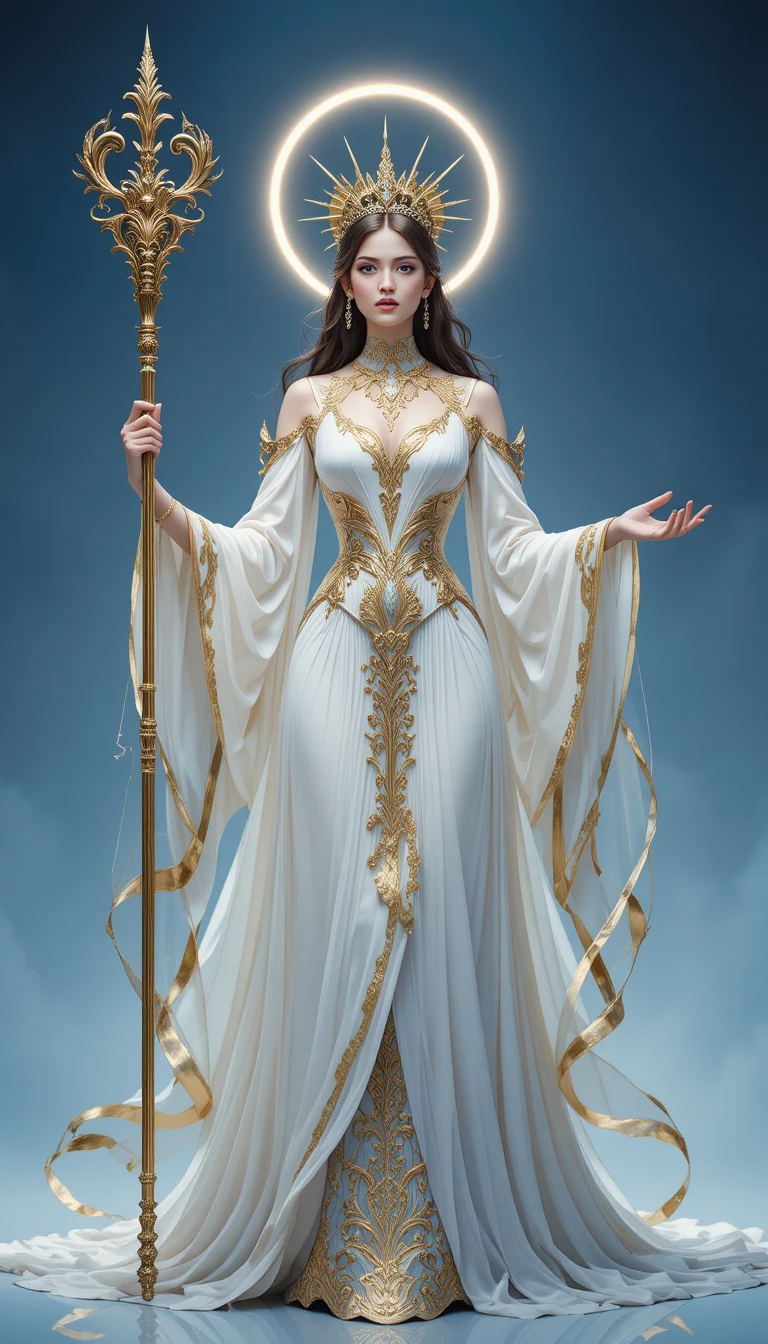 Ethereal regal woman with staff in white and gold