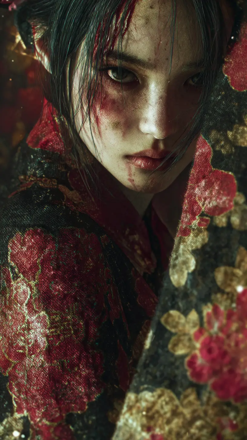 Androgynous woman in silk kimono with melancholic gaze