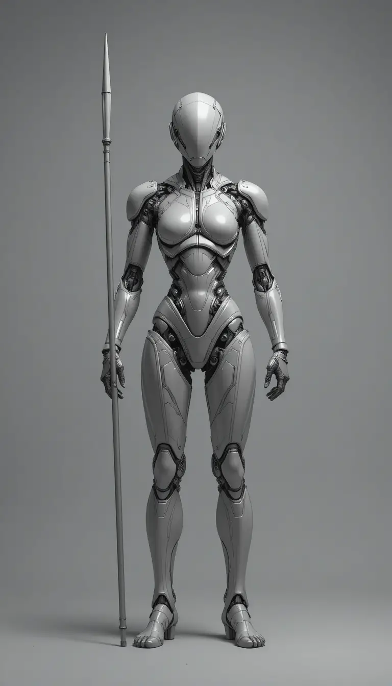 Futuristic Humanoid Robot Holding Staff In Technical Drawing
