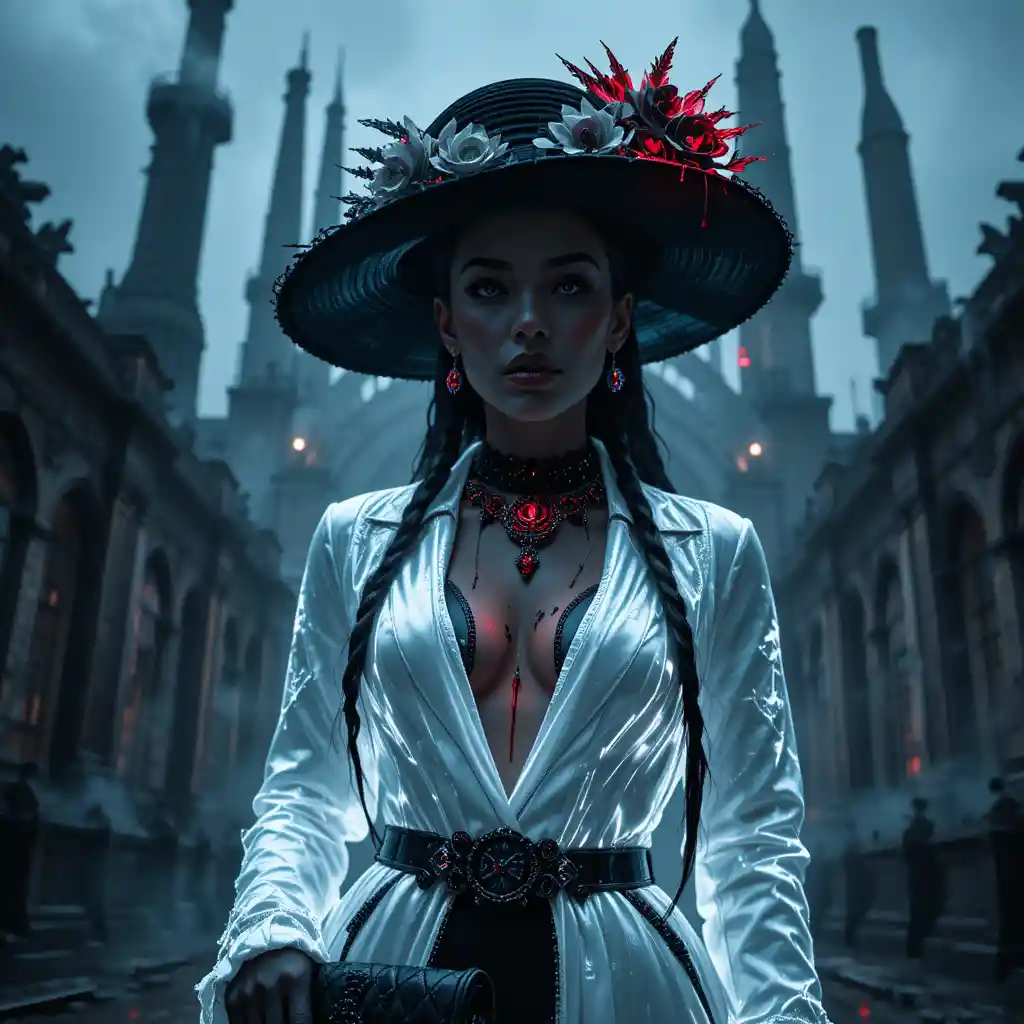 Gothic cyberpunk woman in dieselpunk couture cityscape