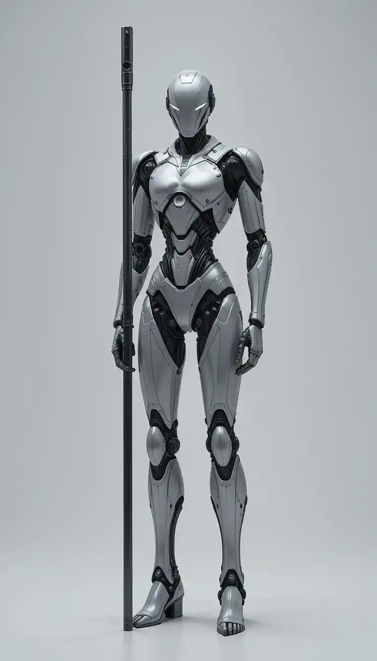 Humanoid Robot Holding Staff On Clean White Background
