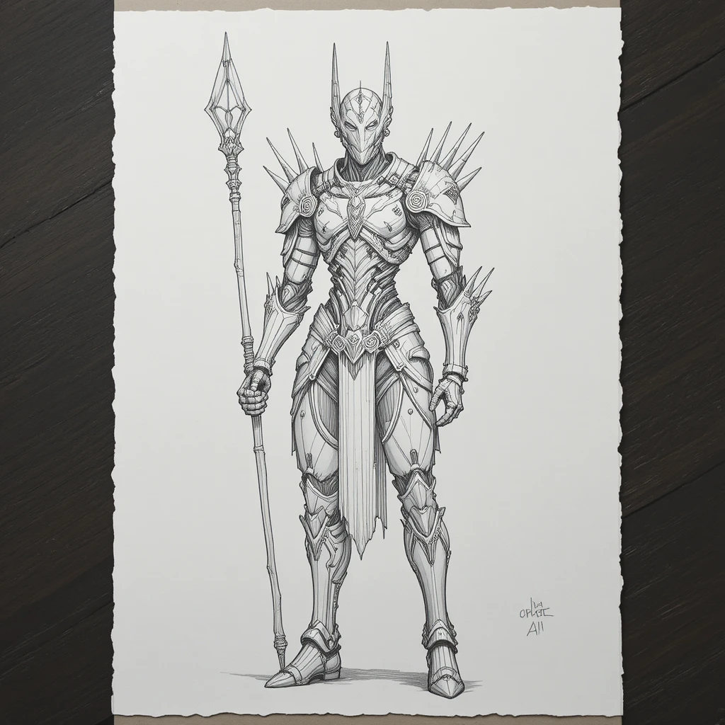 Futuristic armored figure with staff in pencil sketch