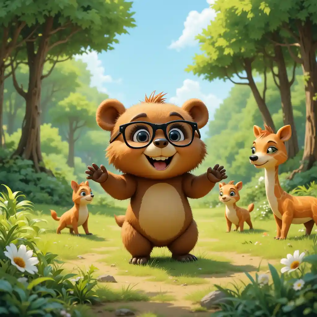 Niedlicher Cartoon-Bär, der in einem sonnigen grünen Wald spielt