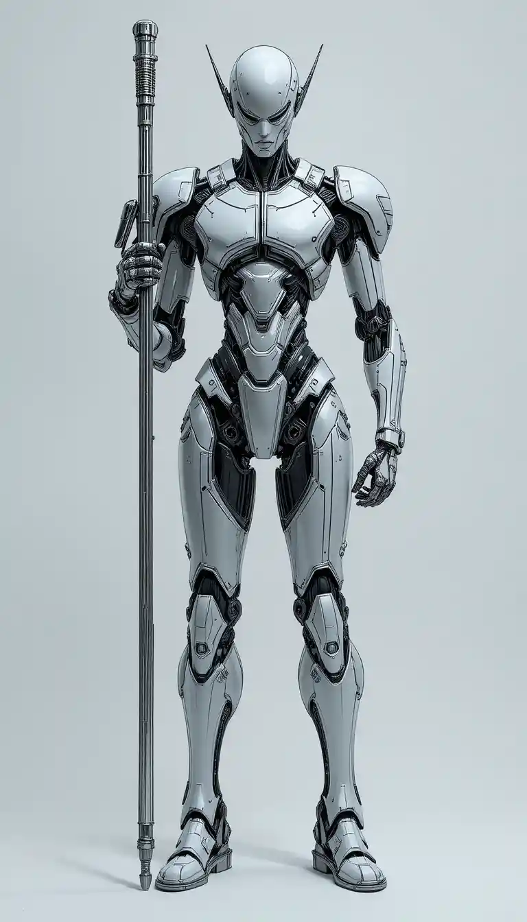 Humanoid robot holding staff on clean white background