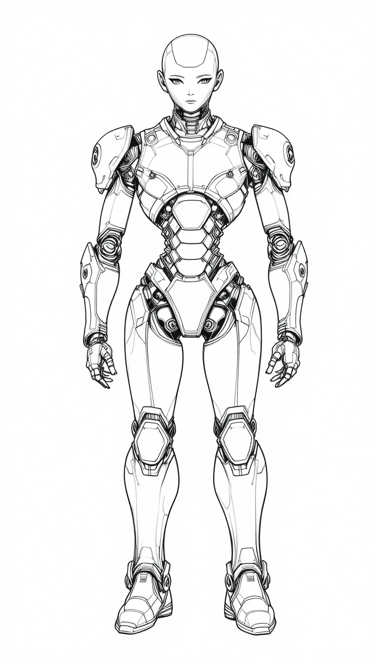 Full body sketch of a humanoid robot on white background