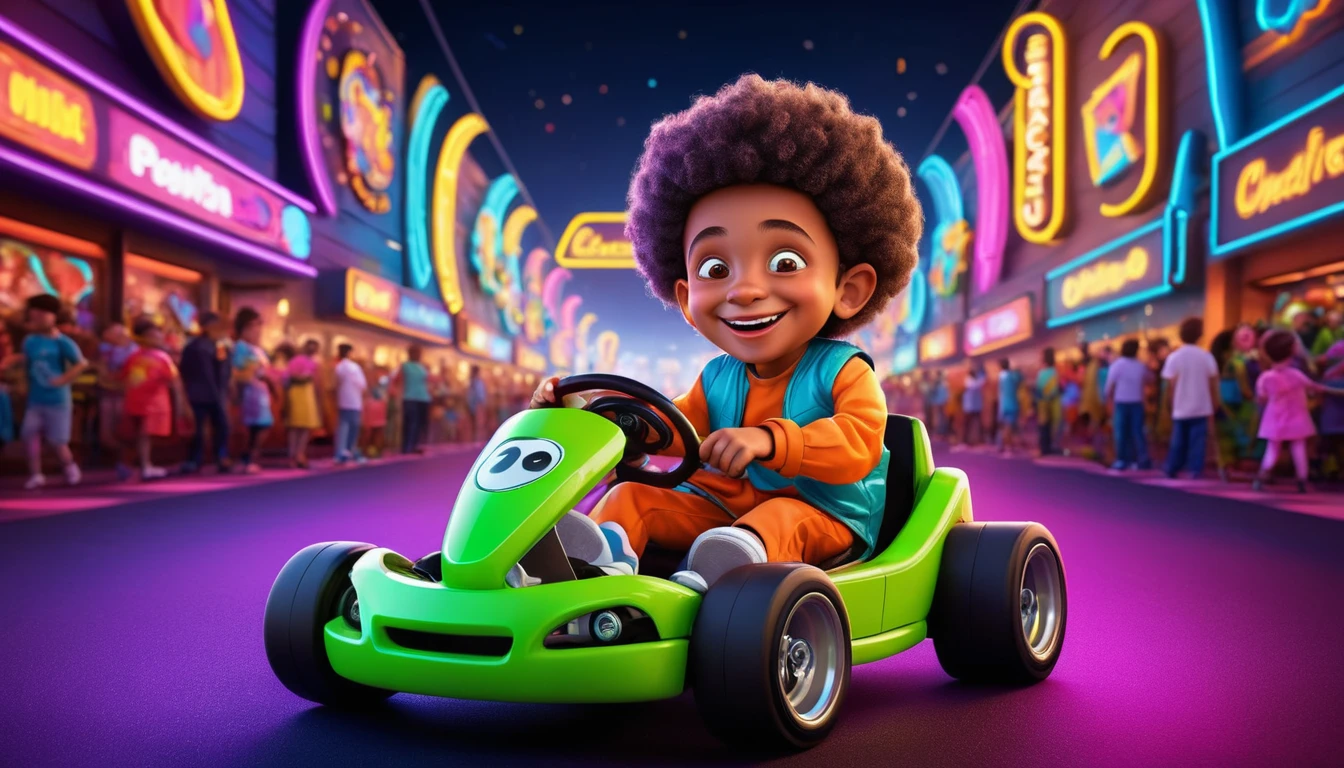 Smiling child in neon scene outside lively nightclub