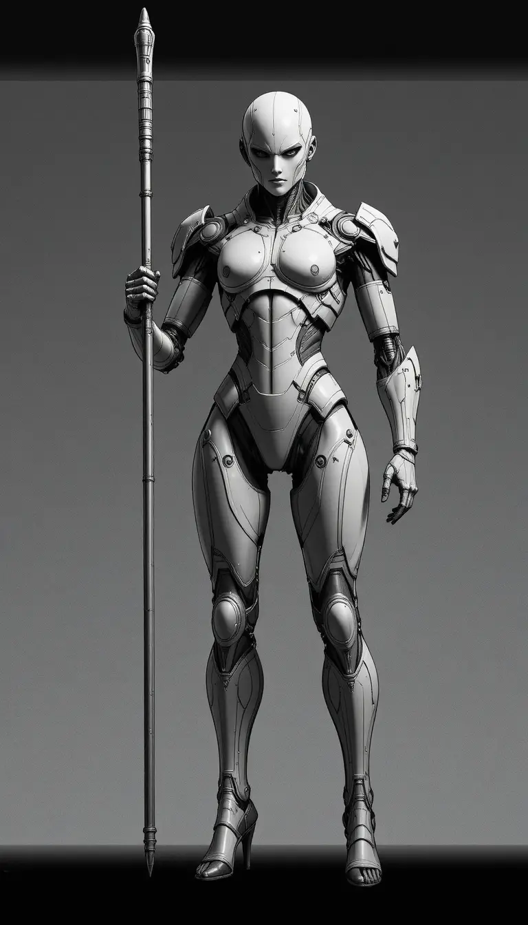 Humanoid robot holding staff in technical black and white drawing
