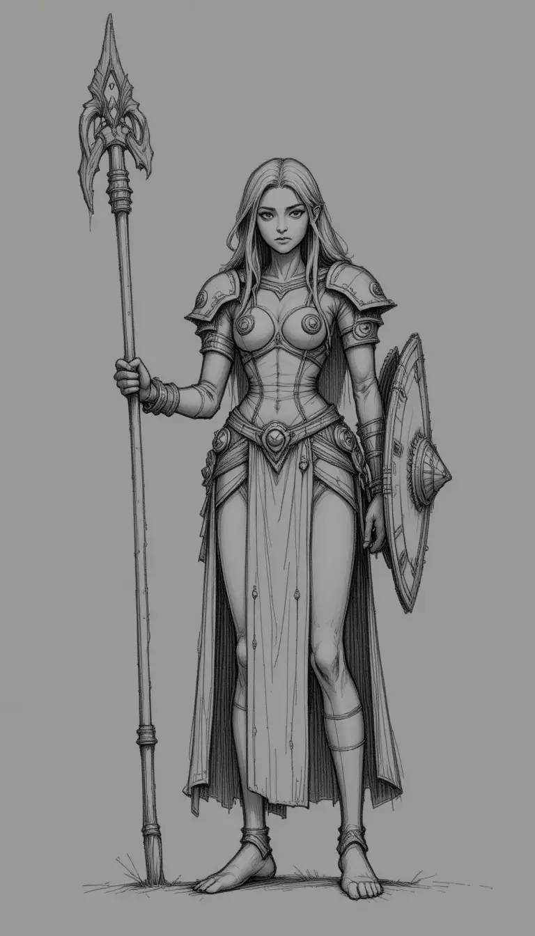 Armored warrior sketch holding staff and shield in monochrome