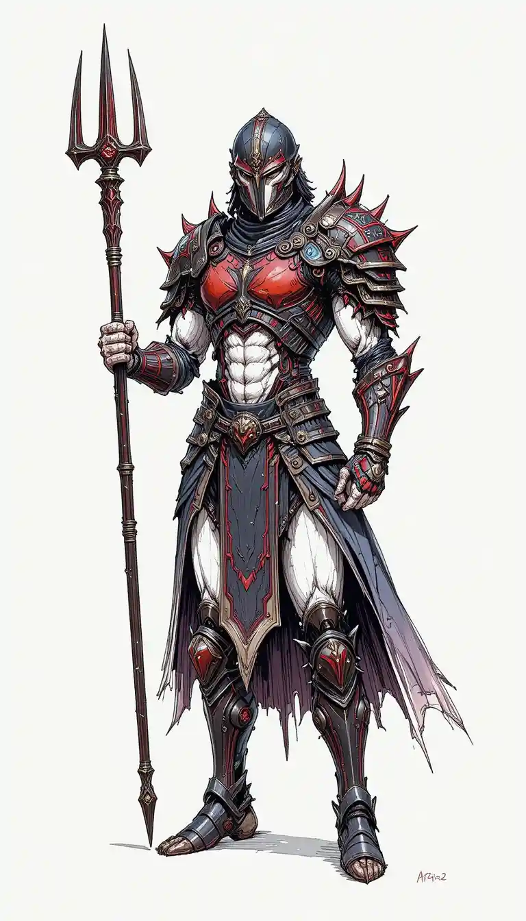 Fantasy warrior in ornate armor holding a trident