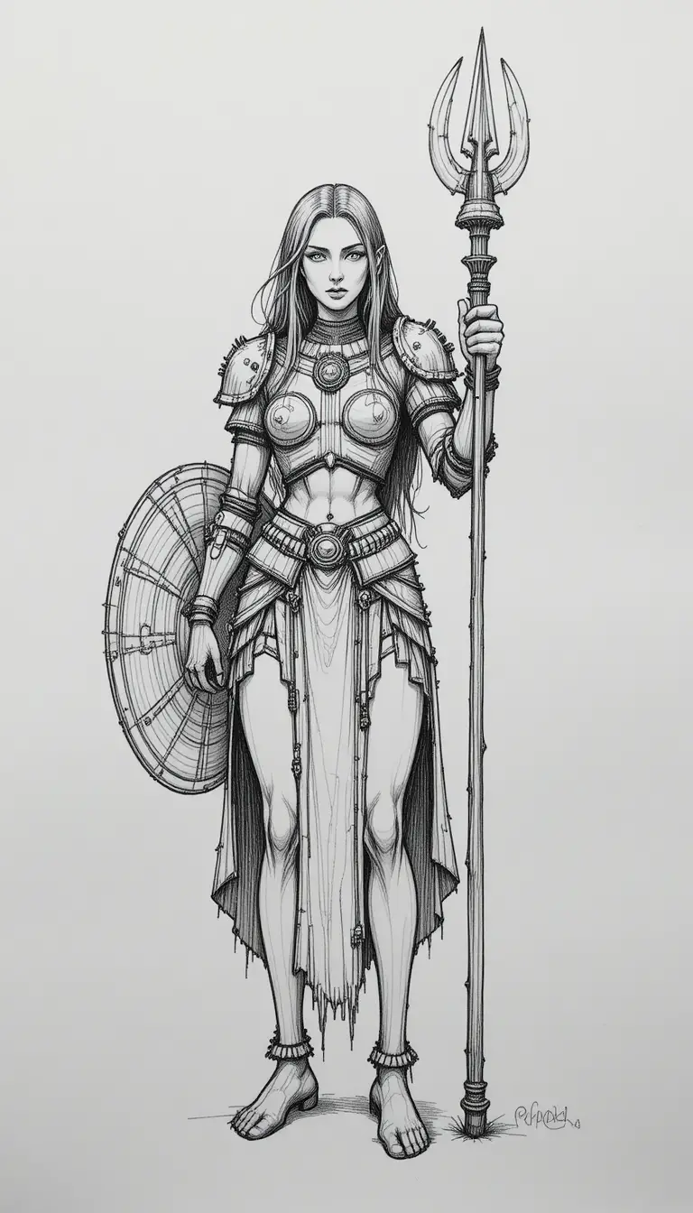Monochrome warrior sketch with staff and shield design