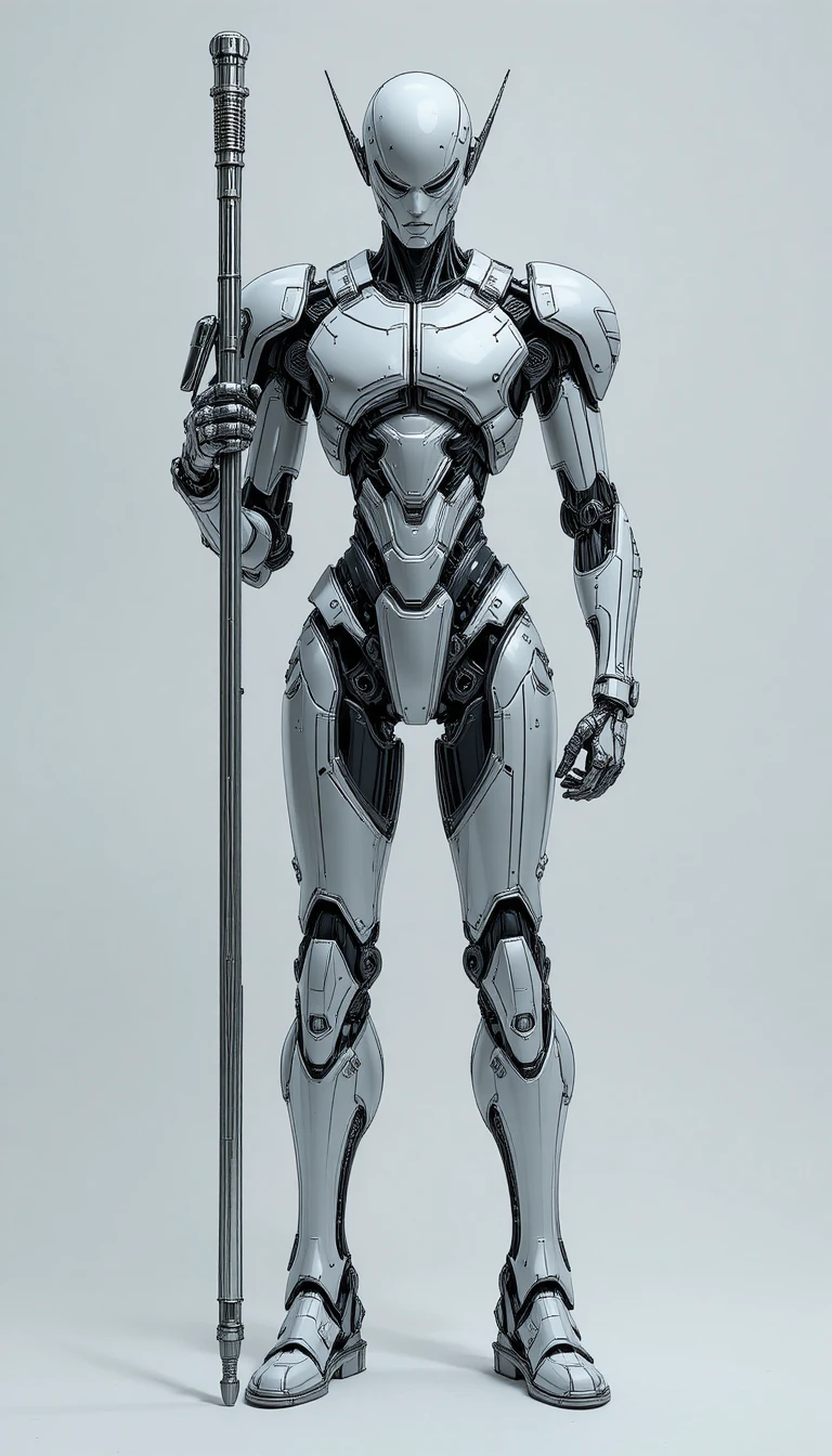 Humanoid robot holding staff on clean white background