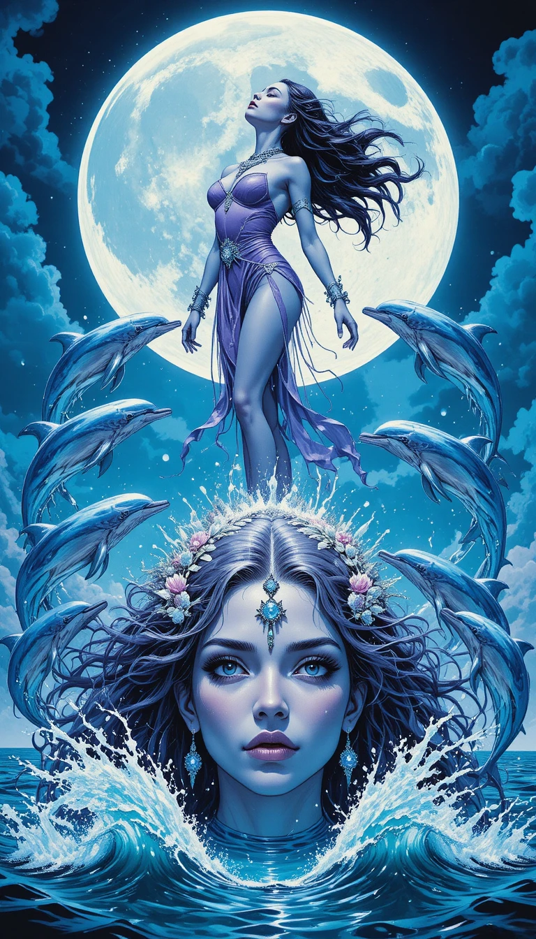 Ocean goddess portrait rising from swirling turquoise water