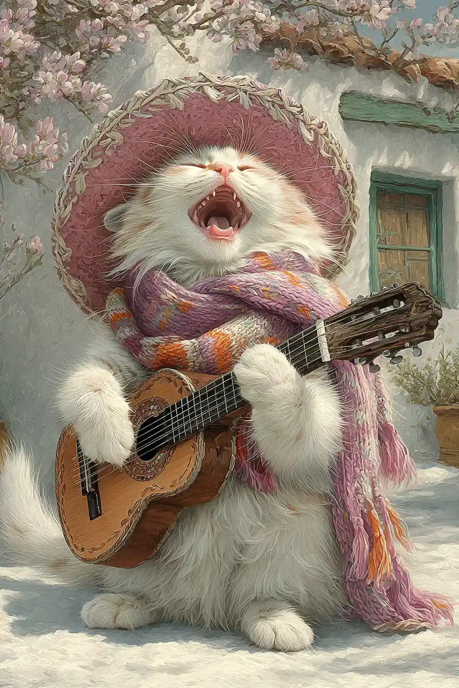 Singing Spanish cat with guitar in a spring garden