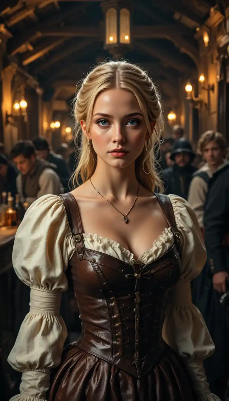 Mujer rubia en una taberna medieval bajo la cálida luz del fuego