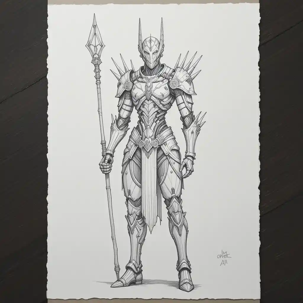 Futuristic armored figure with staff in pencil sketch