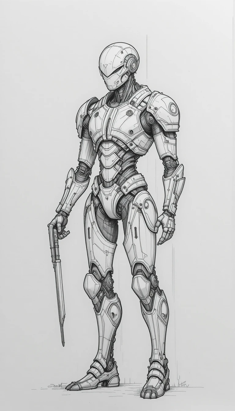 Humanoid robot in intricate futuristic armor pencil drawing