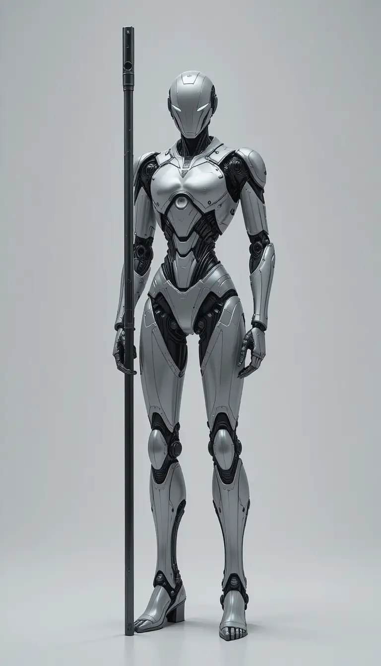 Humanoid Robot Holding Staff On Clean White Background