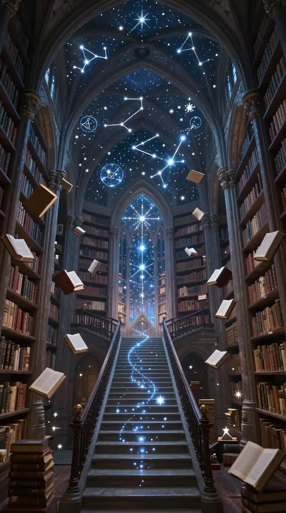Vast gothic library of floating books and starlit ceilings