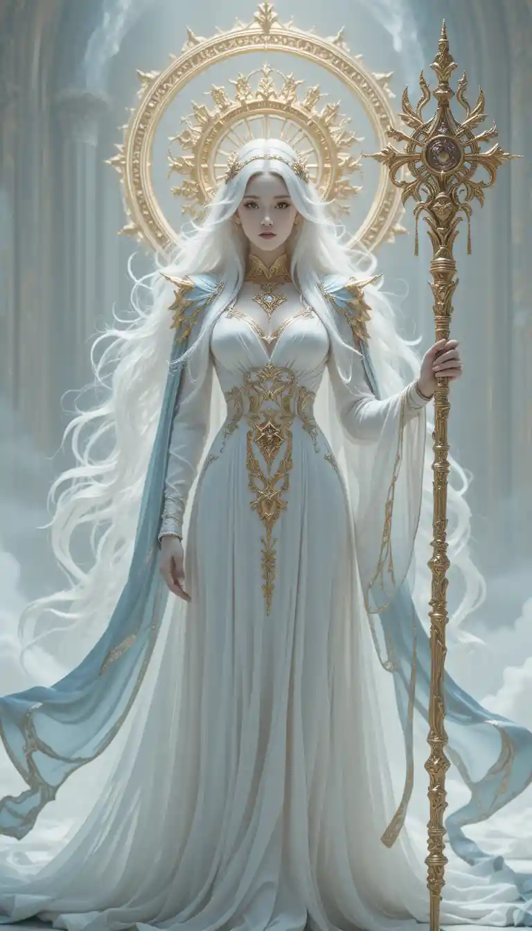 Celestial woman with golden staff and glowing halo