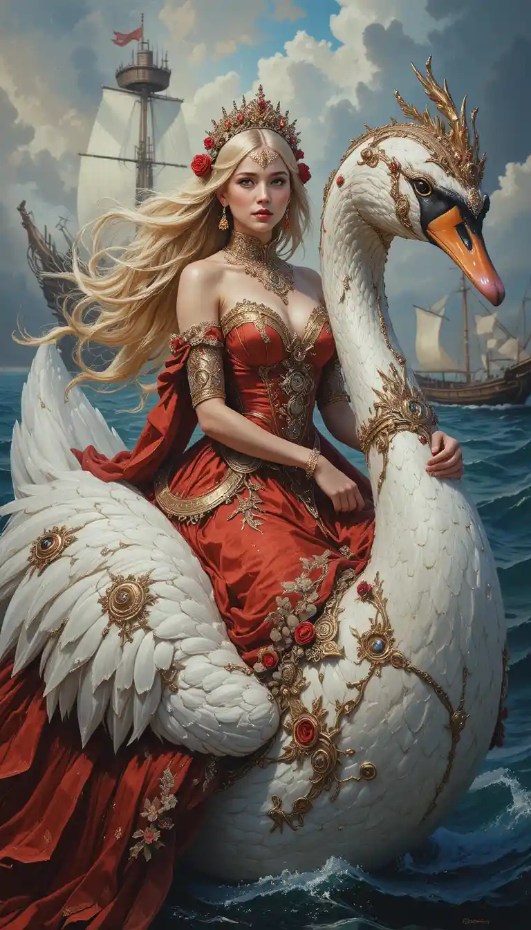 Regal woman riding a giant swan over the sea