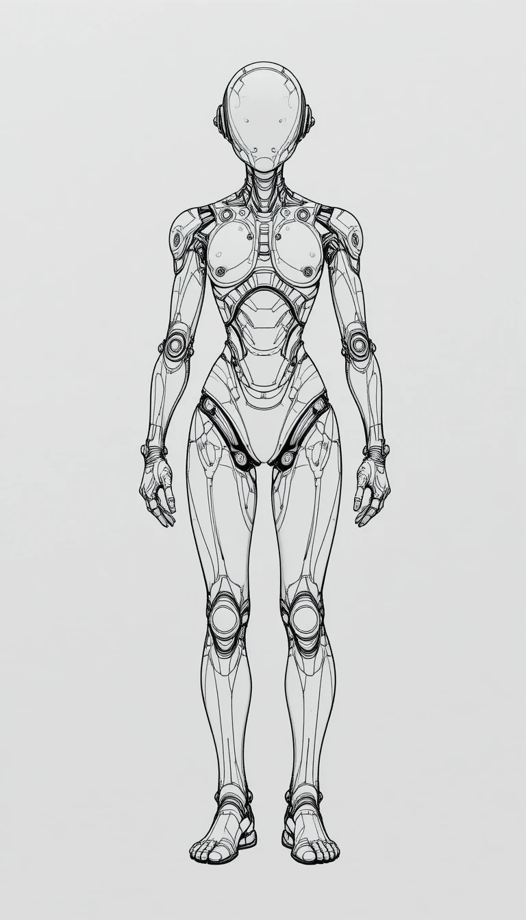 Futuristic android line drawing on white background