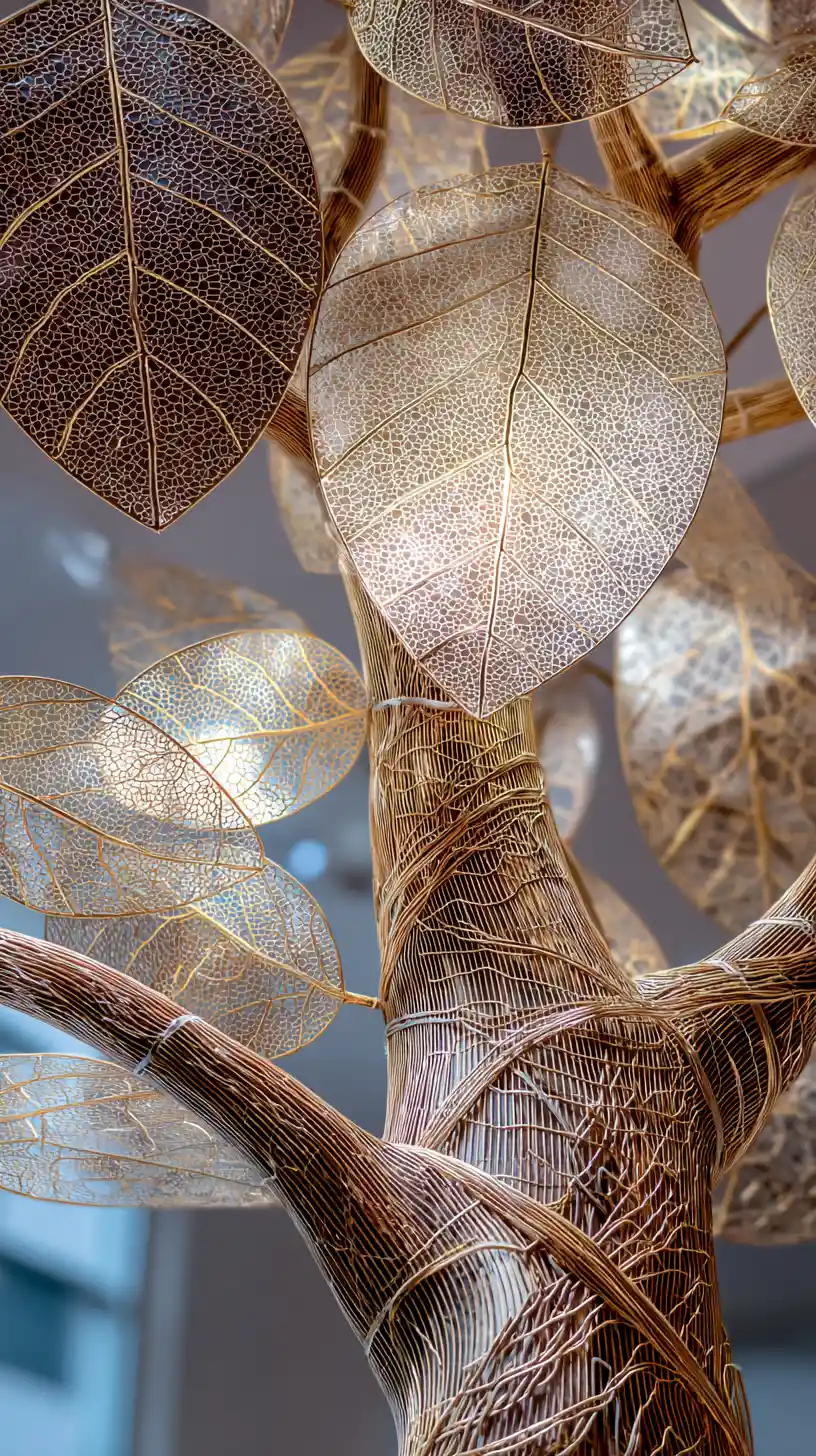 Close up cybernetic tree made of cables and glass leaves