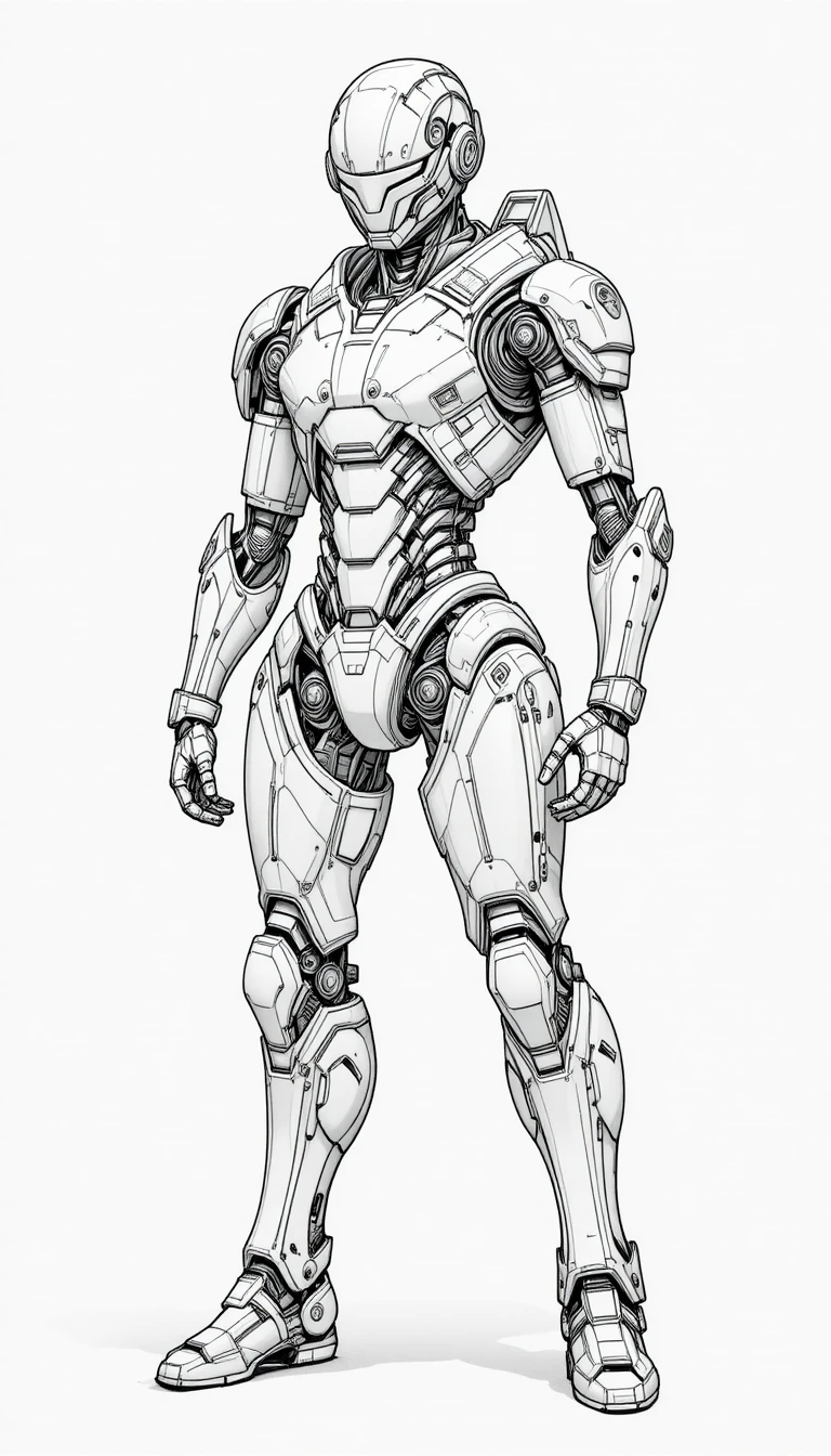 Futuristic Humanoid Robot In Strong Full Body Line Drawing