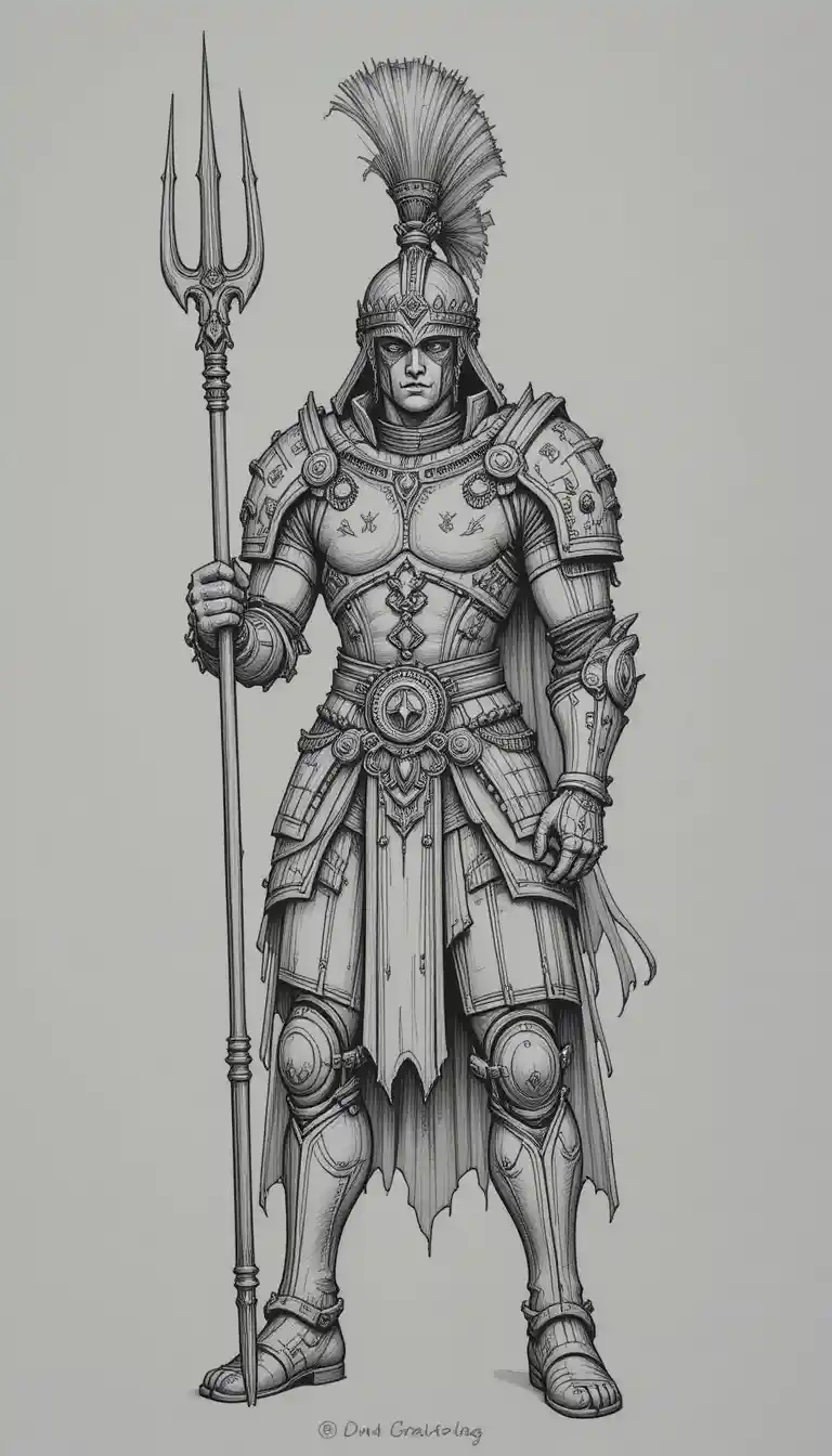 Armored warrior holding a trident in detailed pencil drawing