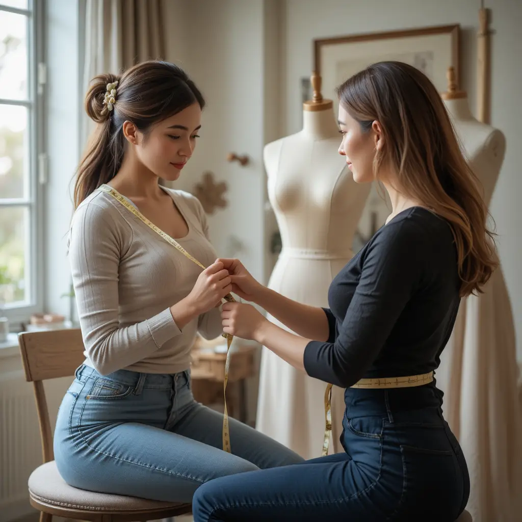 Tailor measuring client with tape in a cozy studio room