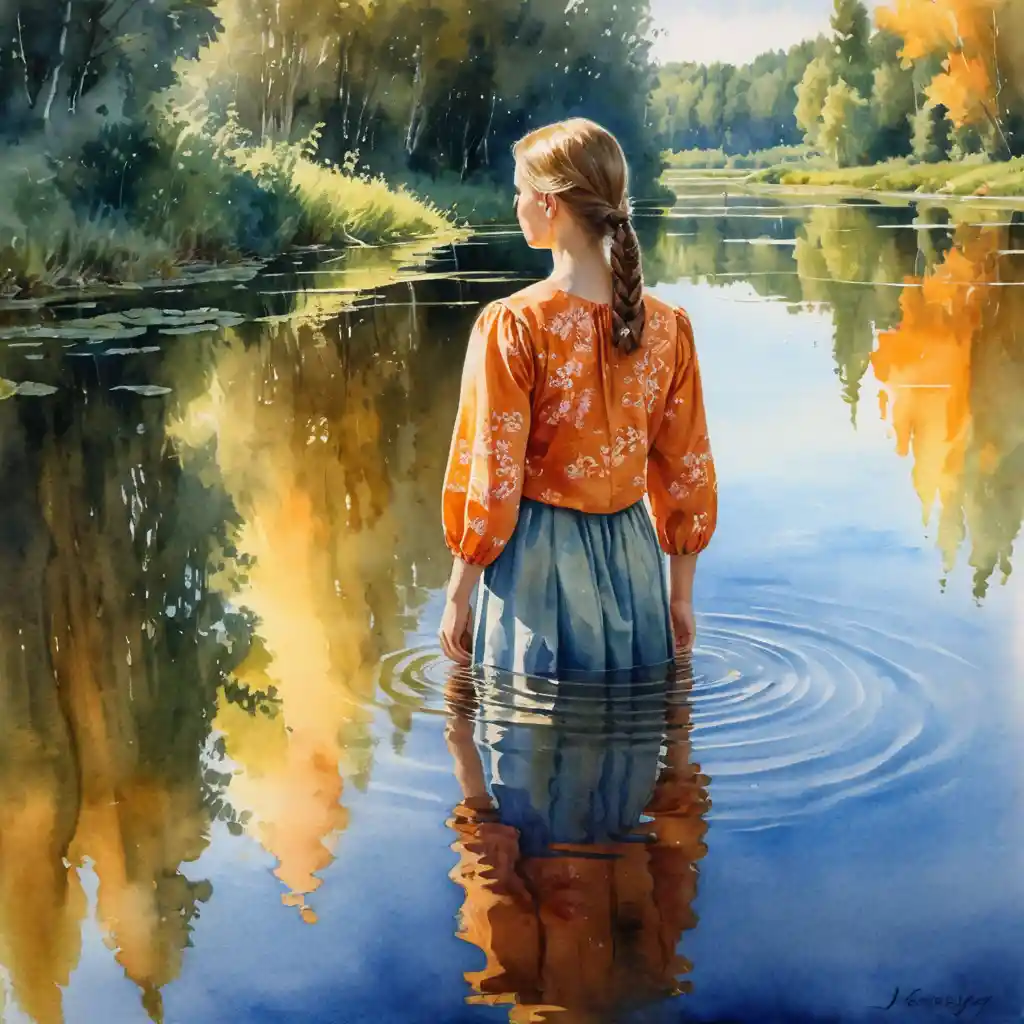 Girl In River Watercolor With Gentle Summer Reflection