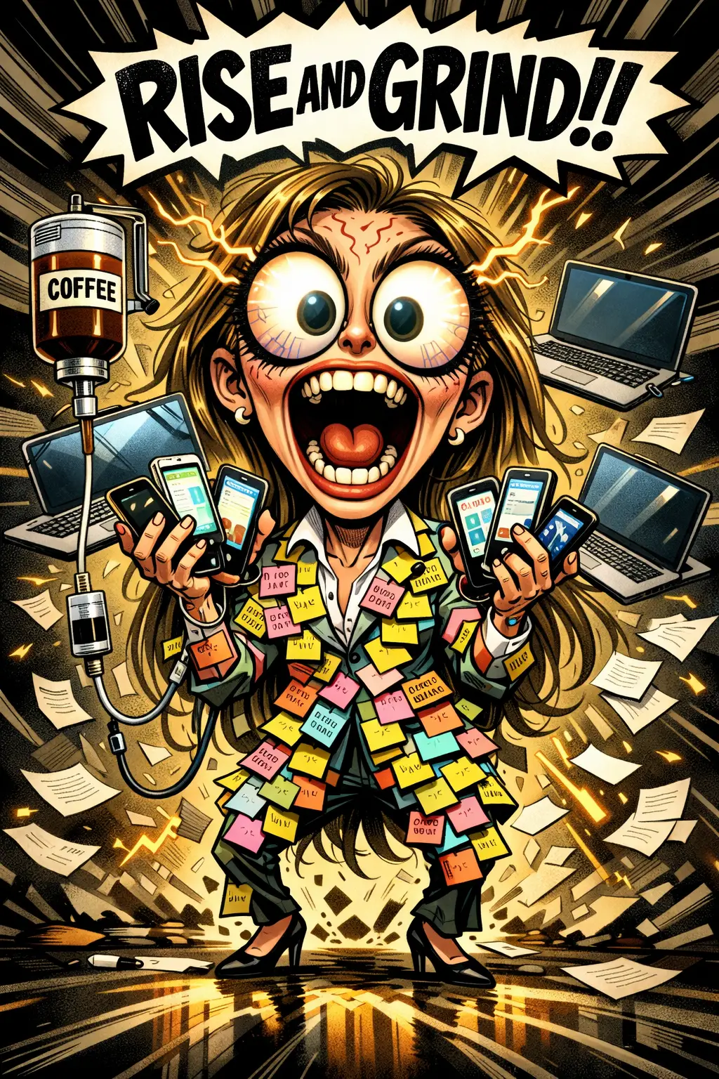 Satirical businesswoman guru overloaded with glowing devices