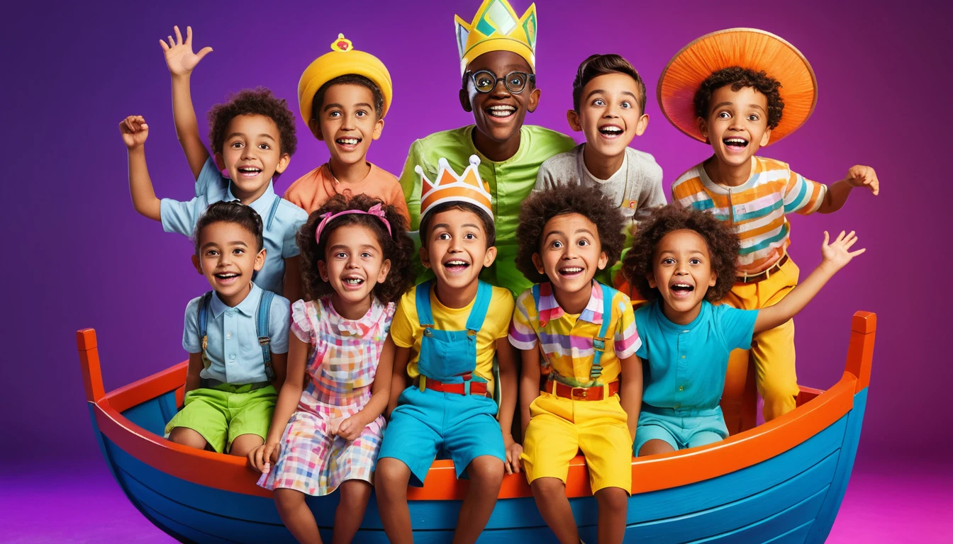 Playful multicultural children on a neon king boat