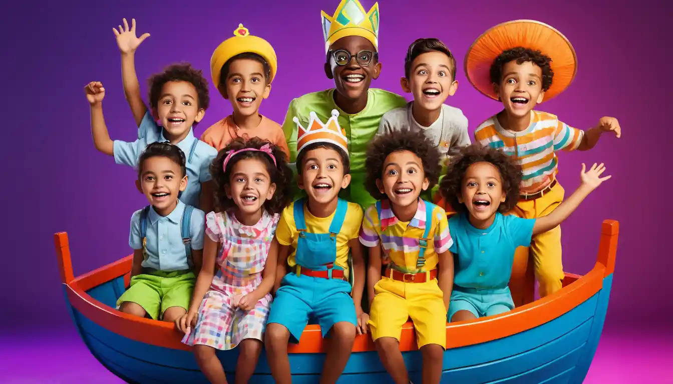Verspielte multikulturelle Kinder auf einem Neon-Königsboot