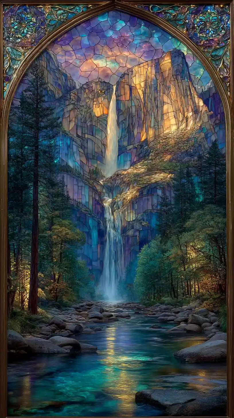 Cascada colorida de vitrales en una exuberante selva tropical