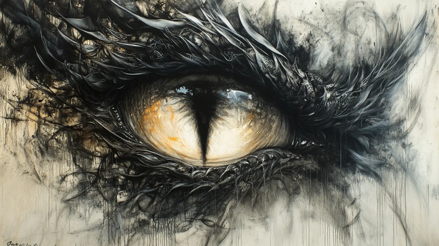 Close up dragon eyes in abstract mixed media painting