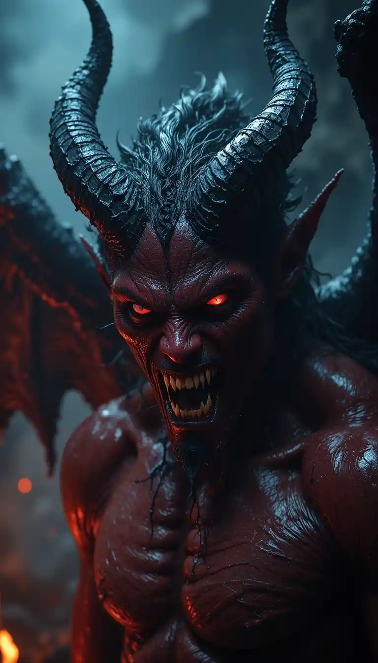 Close up of a horned demon with fiery hellish background