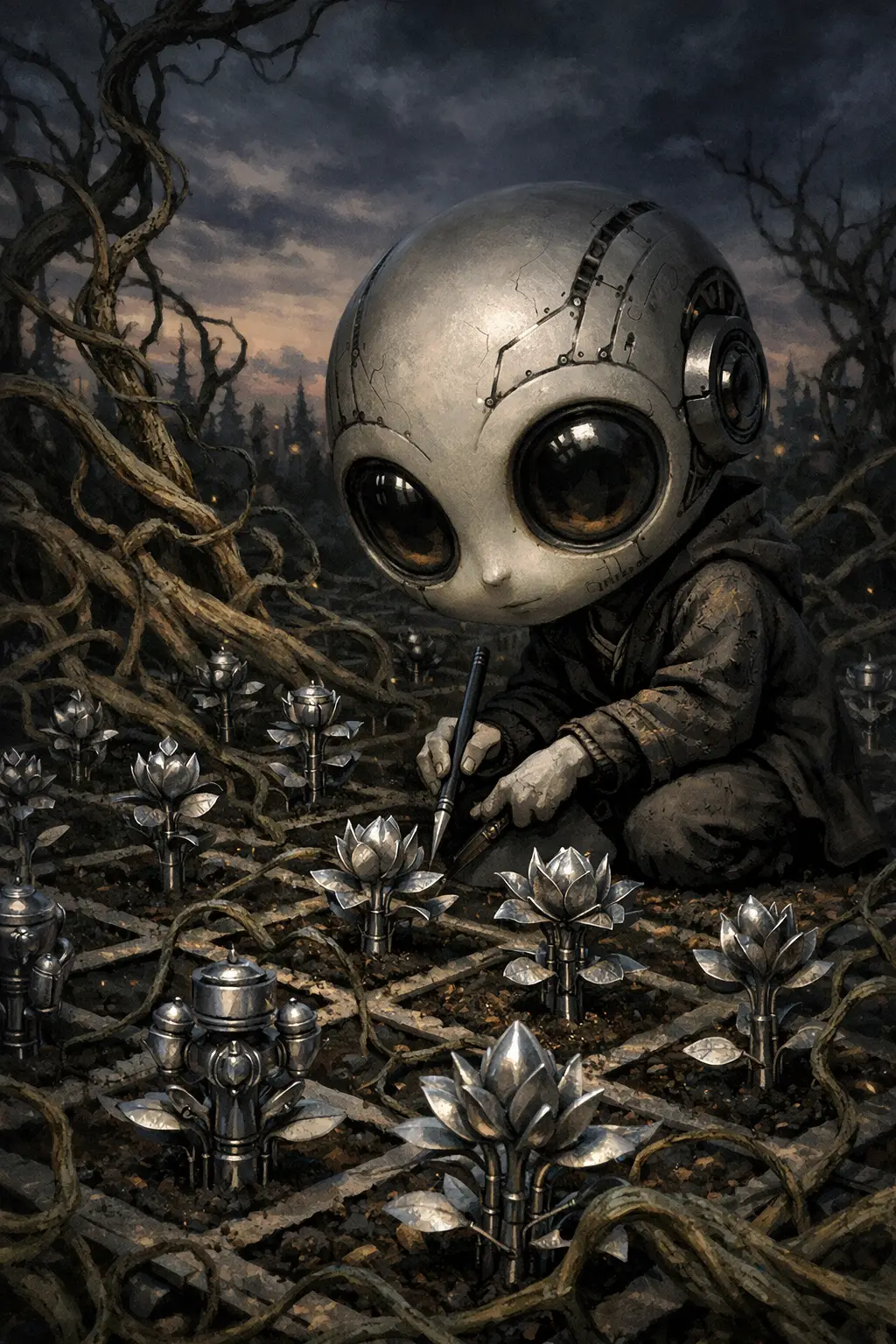 Surreal AI artist tending a metallic garden at twilight