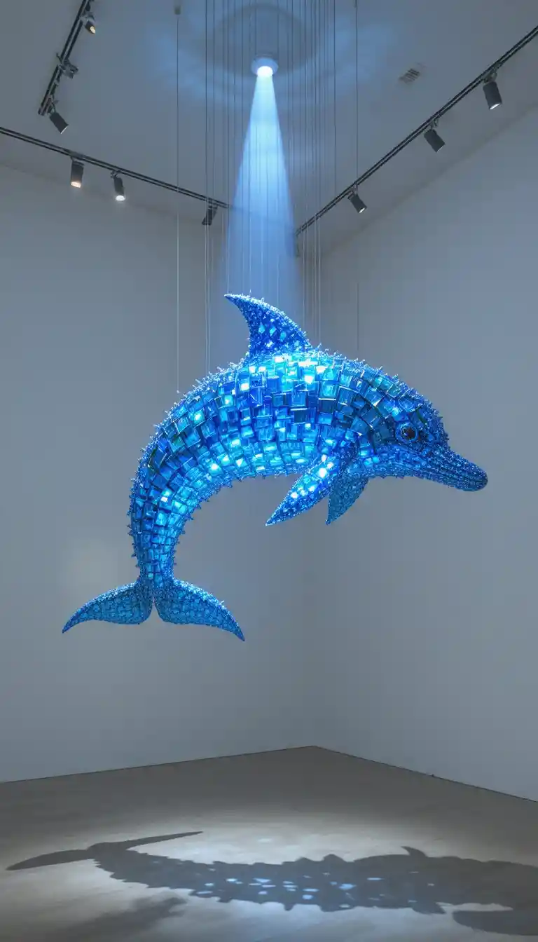 Suspended prism dolphin sculpture under dramatic gallery spotlight