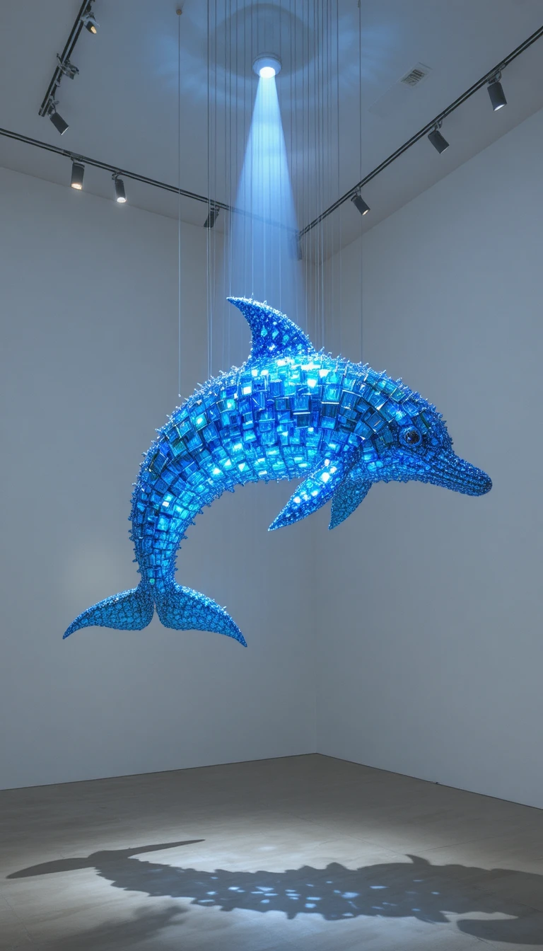 Suspended prism dolphin sculpture under dramatic gallery spotlight