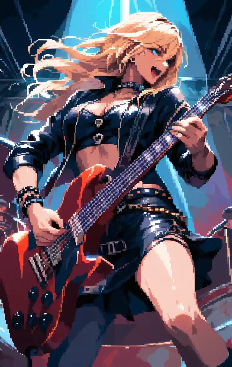 Blonde woman playing guitar on a heavy metal stage