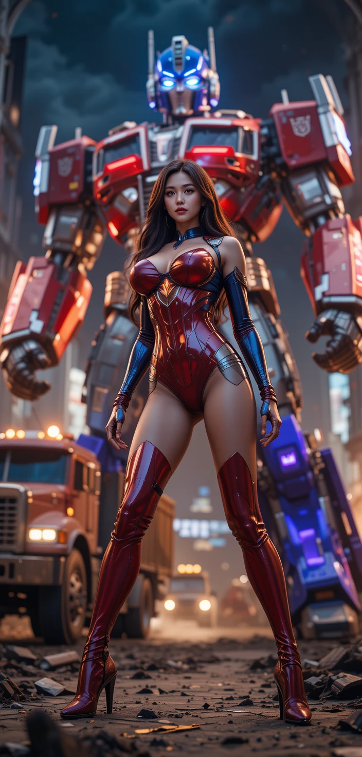Mulher de Hong Kong em armadura sci‑fi com pose confiante de corpo inteiro