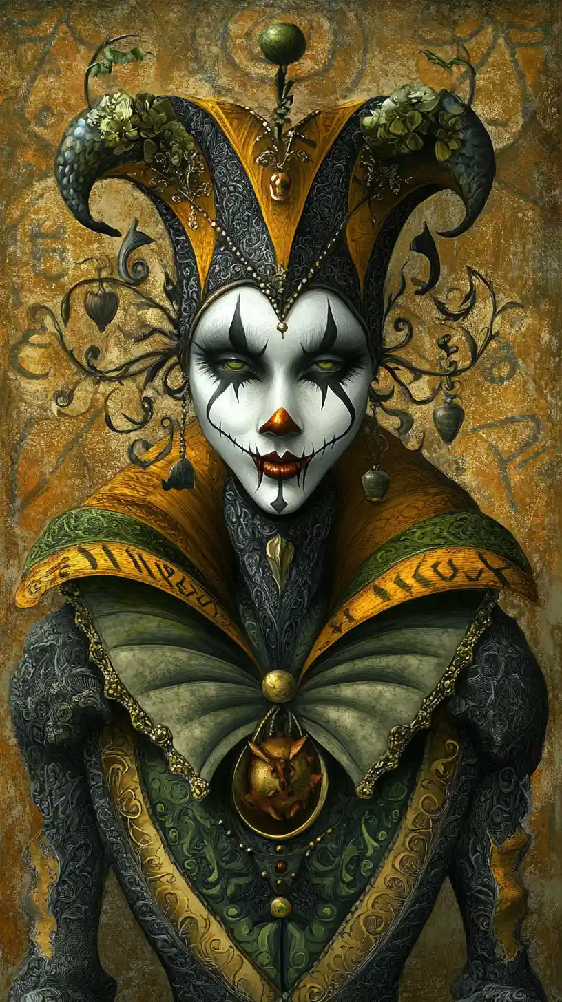 Surreal court jester in a distorted fantastical world